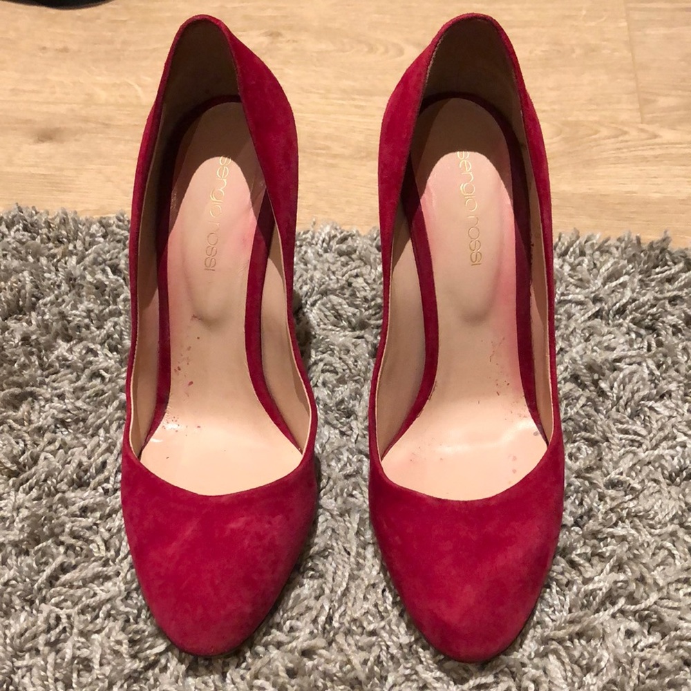 Sergio Rossi Suede Raspberry Red Round Toe Pumps